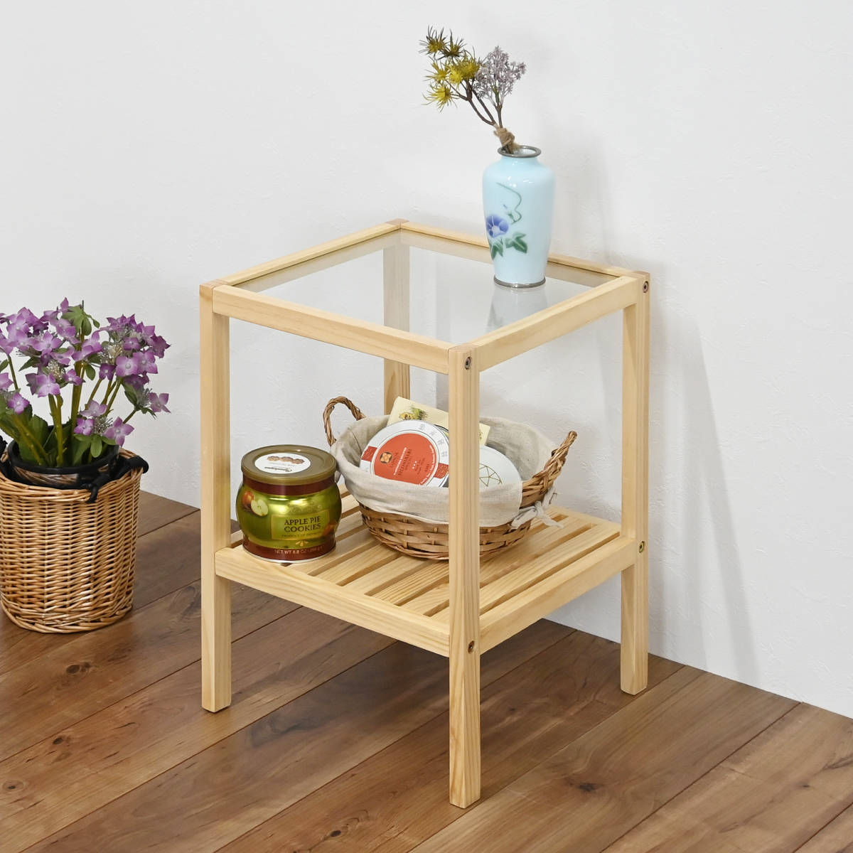 フクダクラフト サイドテーブル ガラス天板 天然木フレーム 棚付 約