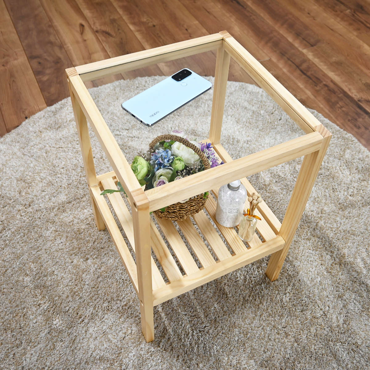 フクダクラフト サイドテーブル ガラス天板 天然木フレーム 棚付 約