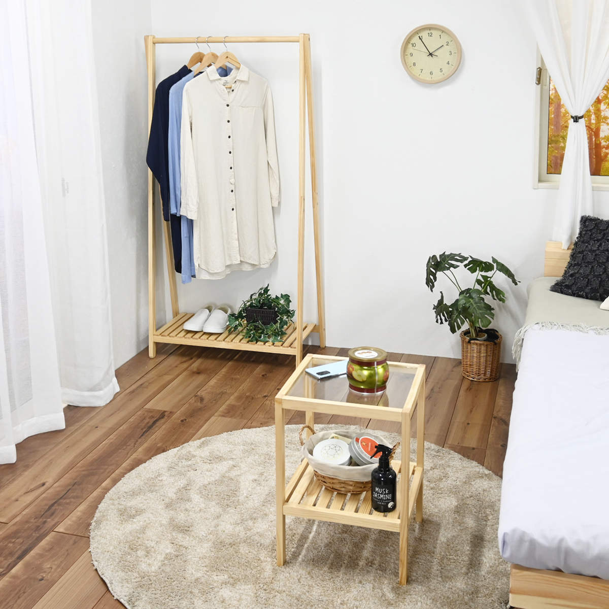 フクダクラフト ハンガーラック A型 棚付 天然木フレーム 幅75cm