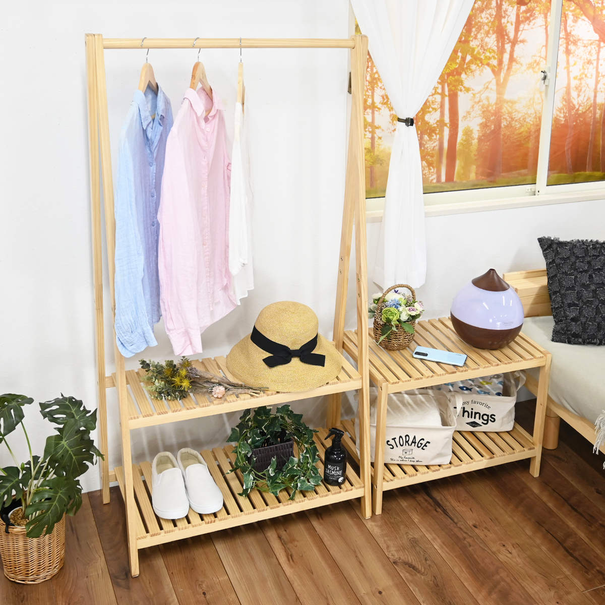 フクダクラフト ハンガーラック A型 2段棚付 天然木フレーム 幅75cm