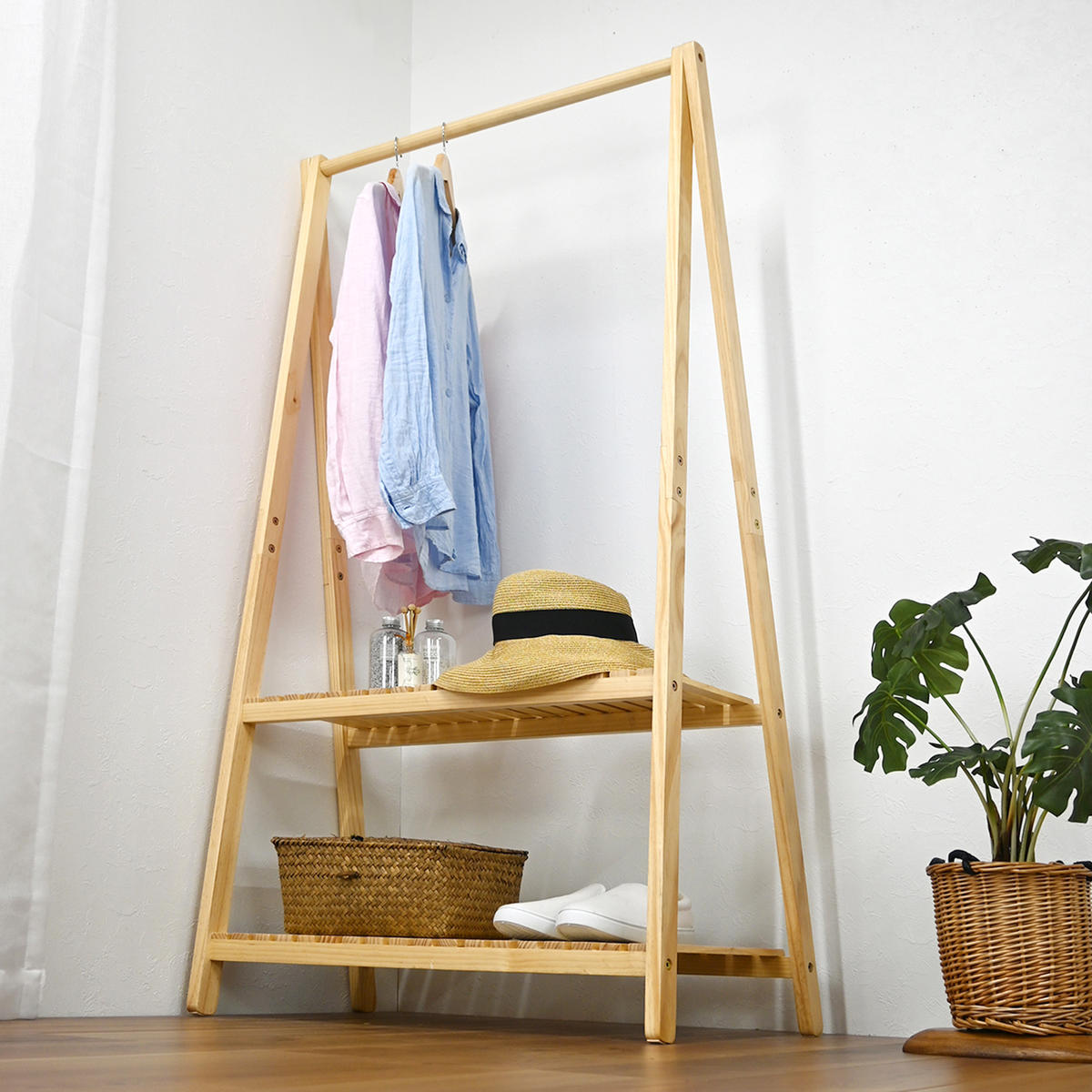 フクダクラフト ハンガーラック A型 2段棚付 天然木フレーム 幅75cm