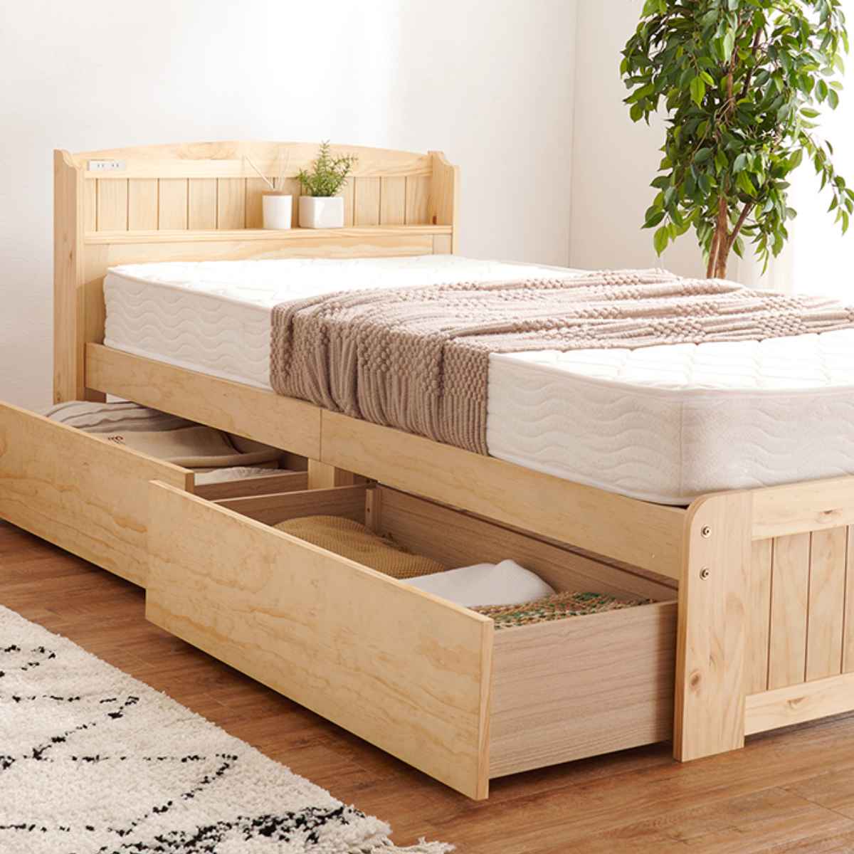 引き出し付き Sサイズ すのこベッド 2口コンセント 寝具 Ruhe コンセント付きすのこベッド フレームのみ シングル 3色対応