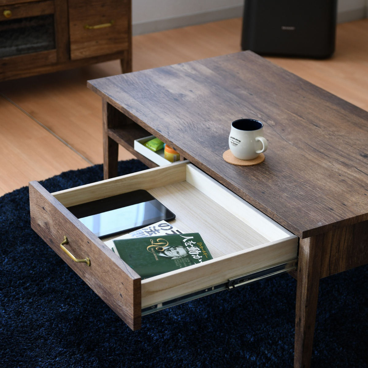 センターテーブル 引出し付 レトロ調 幅100cm （ リビングテーブル