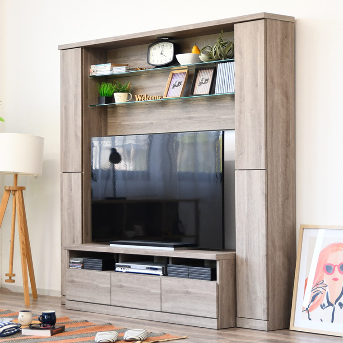 テレビボード 壁面収納 ハイタイプ LEDライト付 幅190cm （ 開梱設置