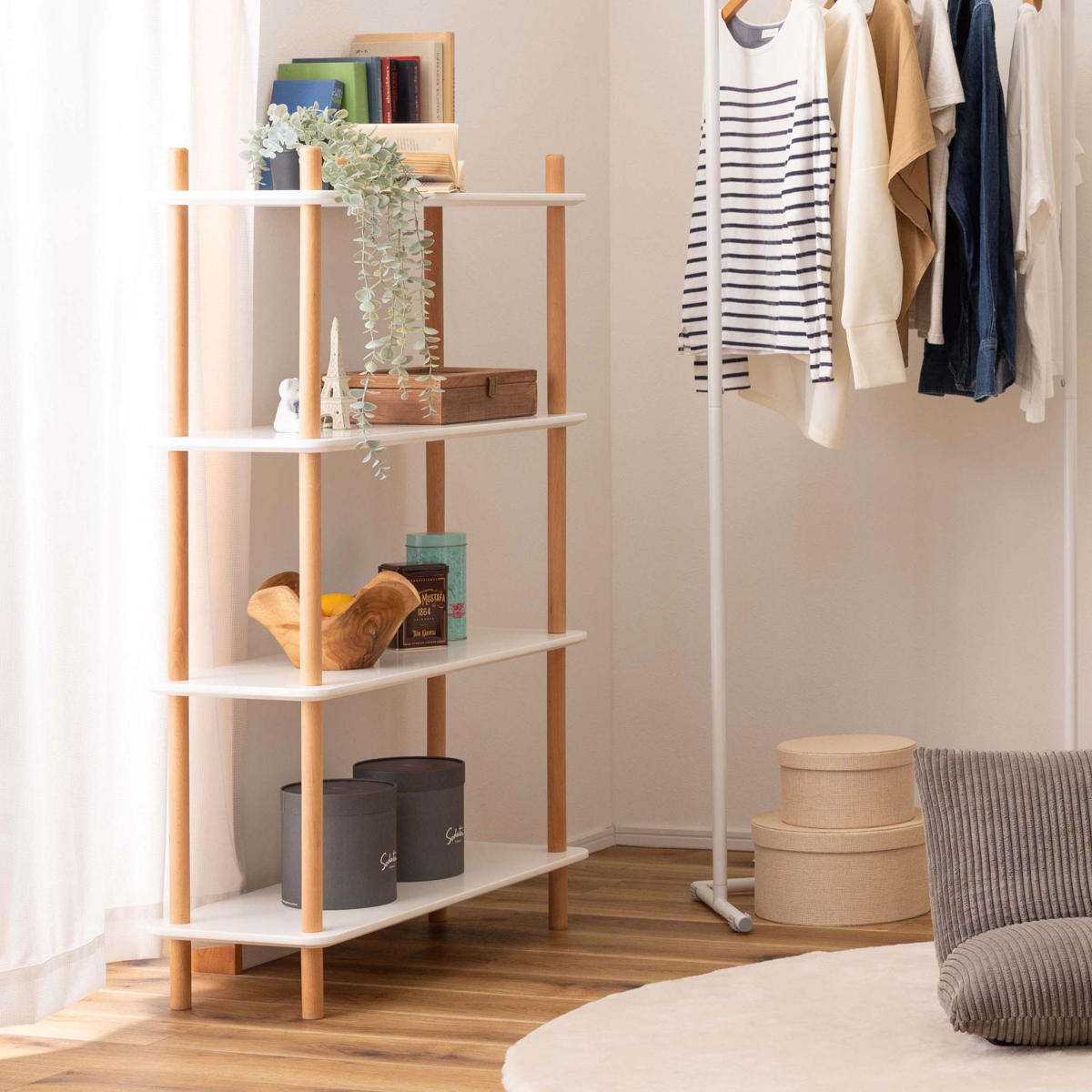 東谷 オープンラック 4段 簡単組立て 天然木フレーム 幅80cm （ ラック