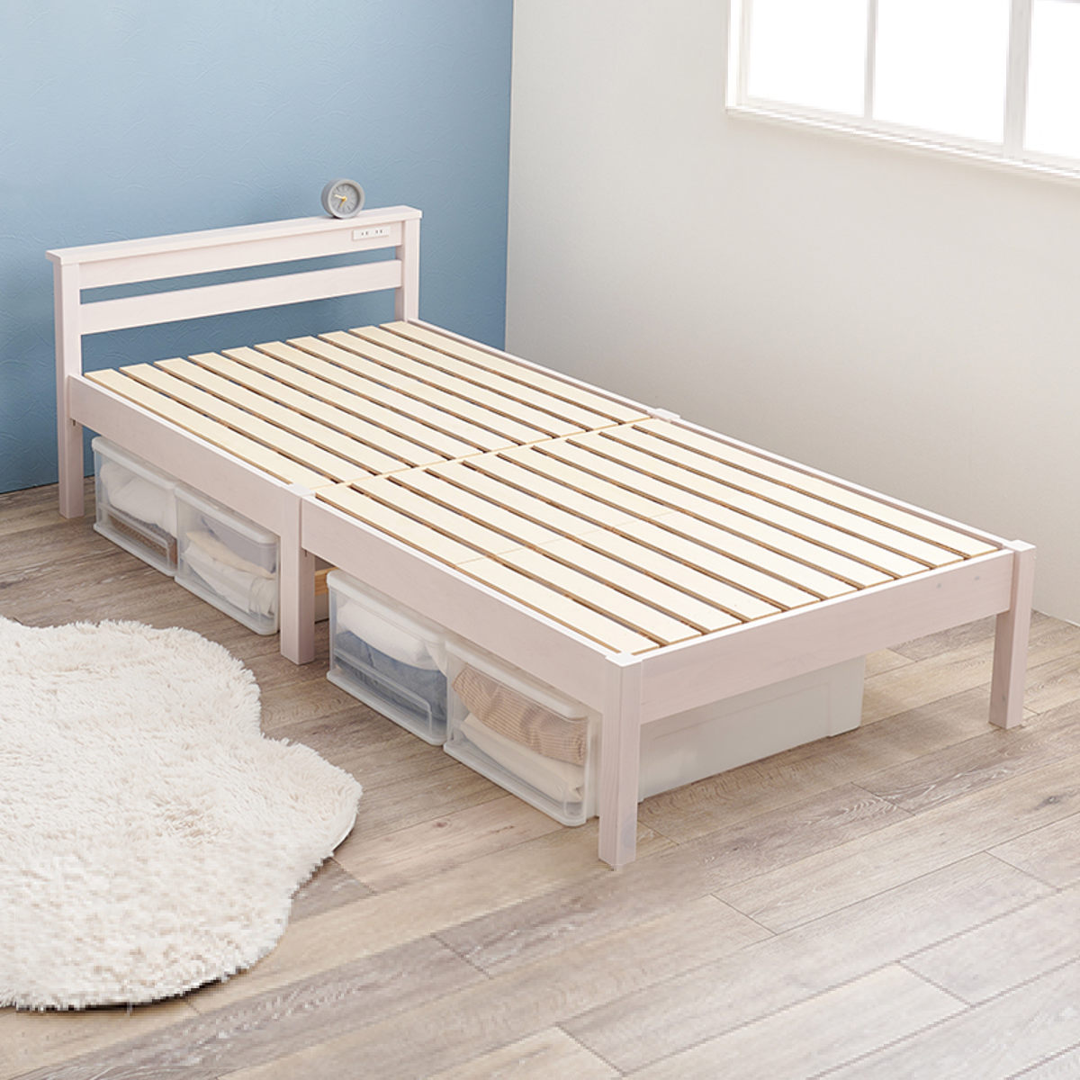 HAGiHARA（萩原） すのこベッド シングル 簡単組立 宮棚 2口コンセント