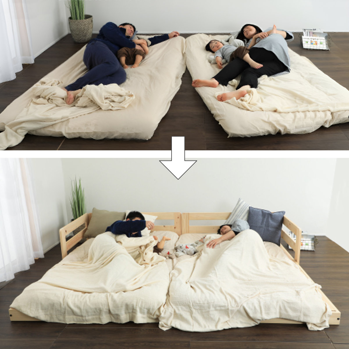 川の字ベッド クイーン すのこ 国産ひのき 日本製 天然木 （ ガード