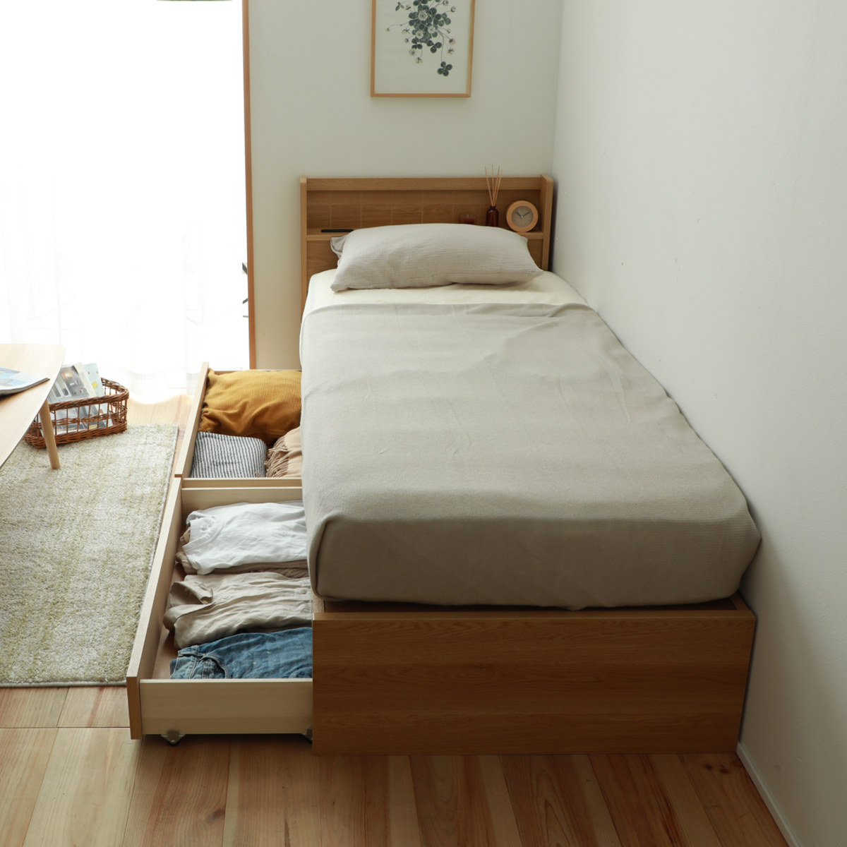 収納付きベッド 小さめ ショートセミシングル 81×192cm 引出し2杯 宮棚