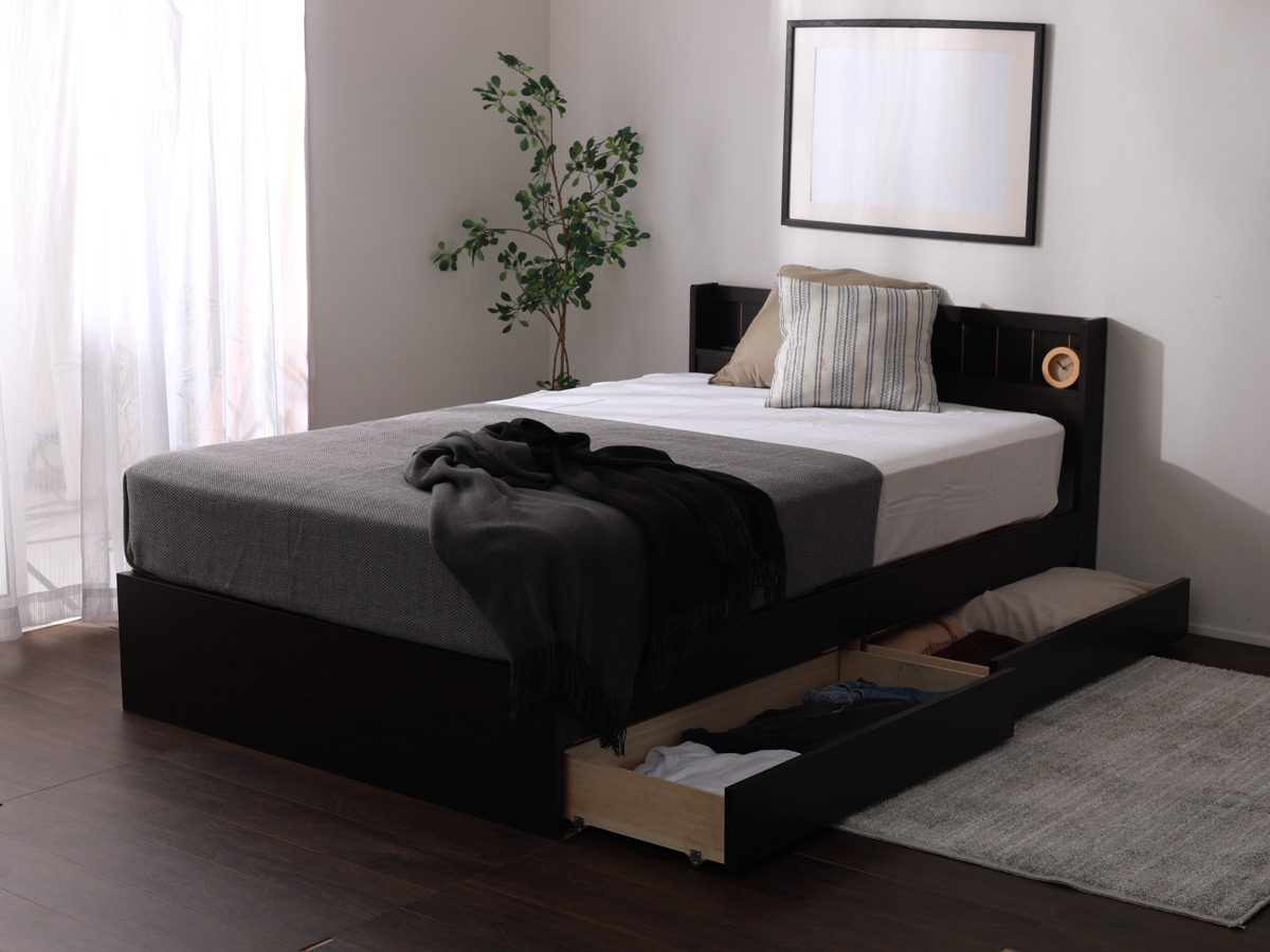 収納付きベッド セミダブル 引出し2杯 宮棚 2口コンセント 日本製