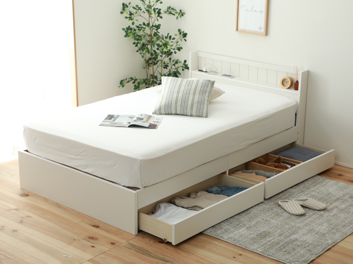 収納付きベッド セミダブル 引出し2杯 宮棚 2口コンセント 日本製