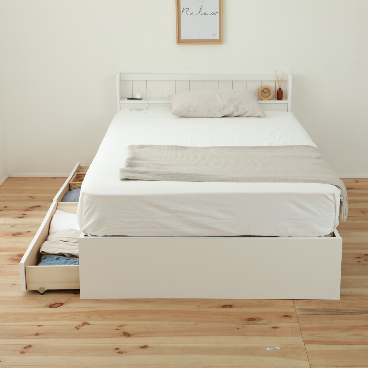 収納付きベッド セミダブル 引出し2杯 宮棚 2口コンセント 日本製