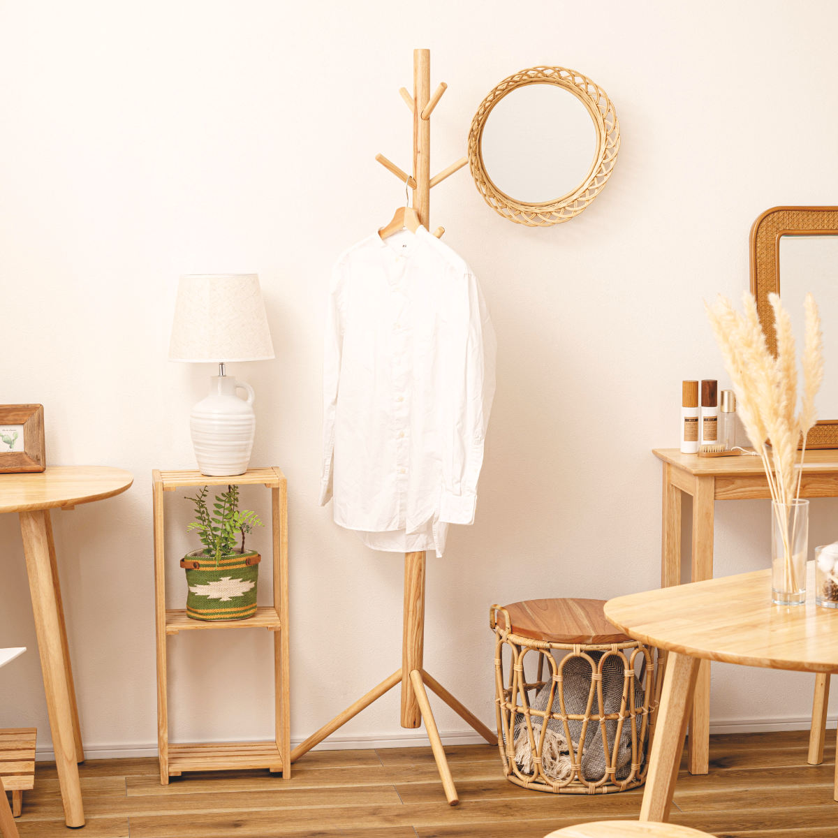 ラタン ポールハンガー キャスター付 コートハンガー 籐家具 東谷 ポールハンガー 天然木 北欧風 幅50cm （ コートハンガー 木製