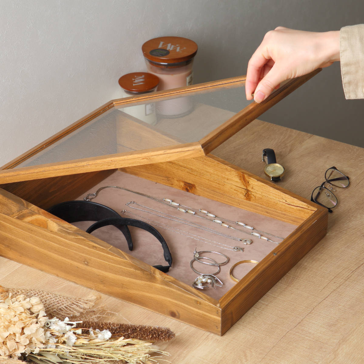 ジュエリーボックス木製アクセサリーケース ガラスフタ付き