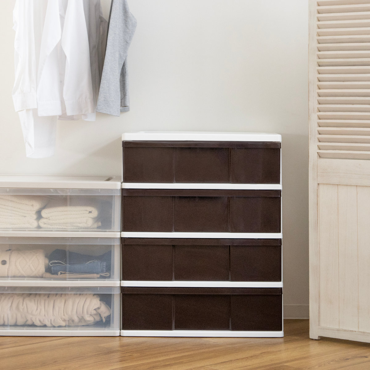 収納ケース ワイド収納ケース 4段 引き出し ブラウン キャスター付き