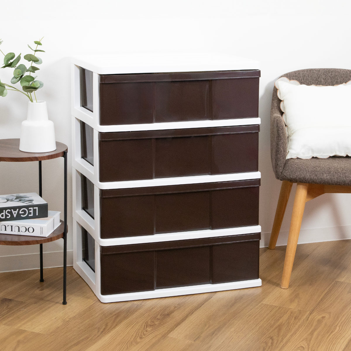 収納ケース ワイド収納ケース 4段 引き出し ブラウン キャスター付き