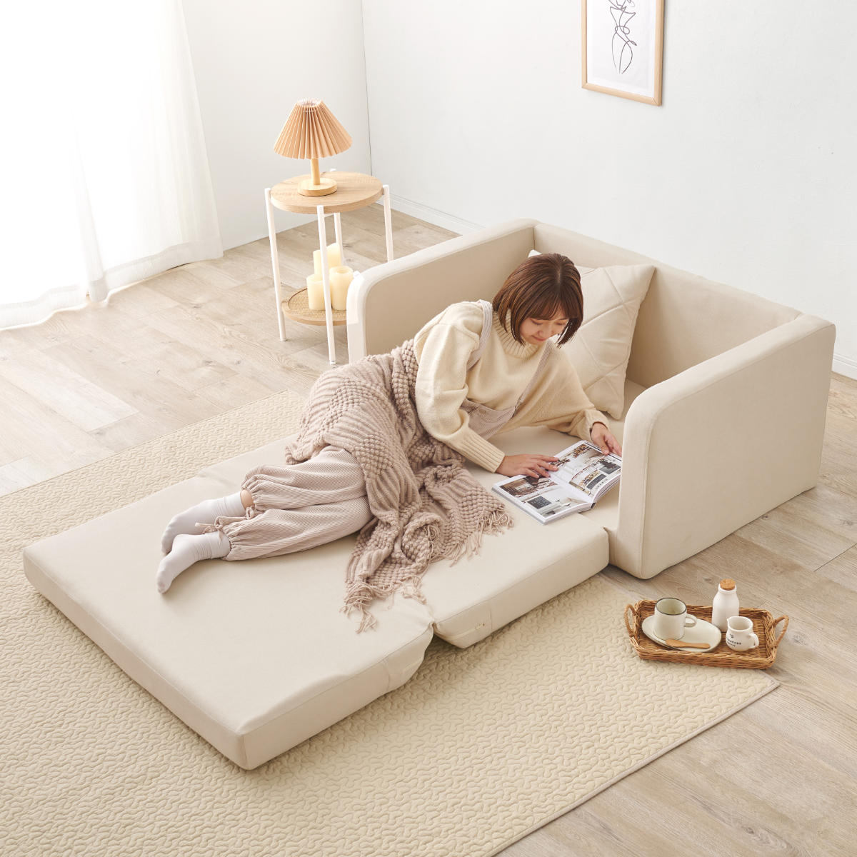 【未使用】ローソファ&ソファベッド クッション単品 張地：アイボリーグレー HAGiHARA（萩原） ソファベッド 幅110cm 肘付 （ 1人掛け 2人掛け 一人