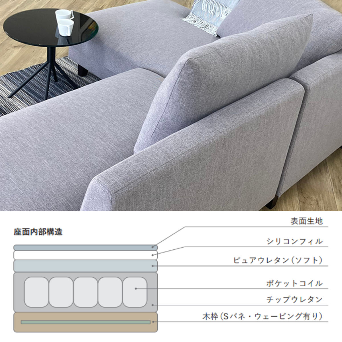 吉桂 カウチソファ 幅226cm 右カウチ （ 開梱設置 L字 コーナー ソファ