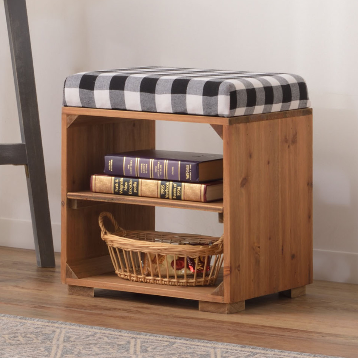 東谷 スツール 木製 収納付 ラックスツール タータンチェック （ 玄関