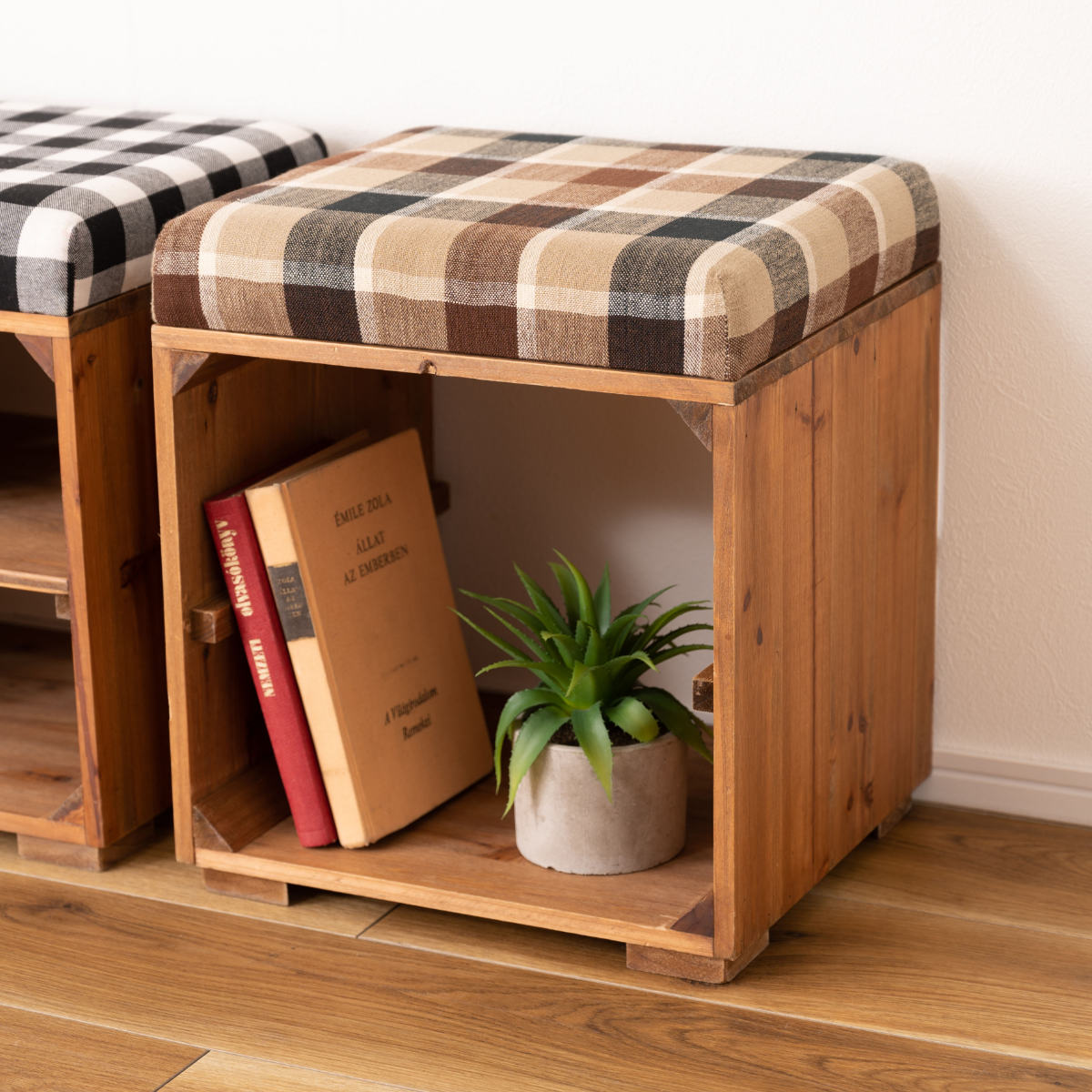 東谷 スツール 木製 収納付 ラックスツール タータンチェック （ 玄関