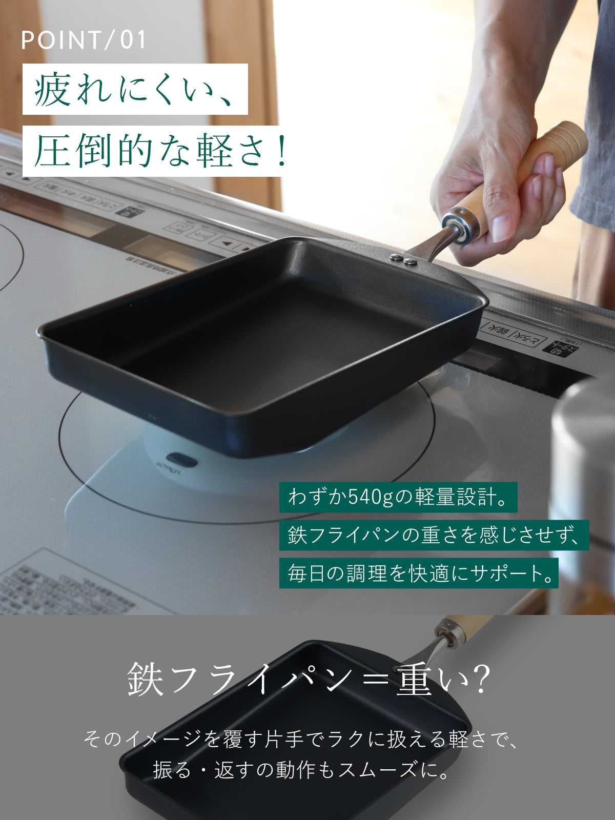ハンドメイド作家　軽い鉄フライパン24cm、軽い鉄たまご焼き器　セット フライパン 鉄 卵1個で！ 鉄の玉子焼き器 コンパクト ガス火 IH対応