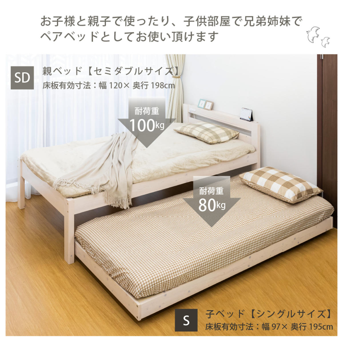 お値下げしました！【新品】天然木 ペアベッド ホワイト お客様組立品 ベッド すのこ 収納ベッド 親子ベッド サン・ハーベスト 親子ベッド ペアベッド 宮棚 2口コンセント付き 天然