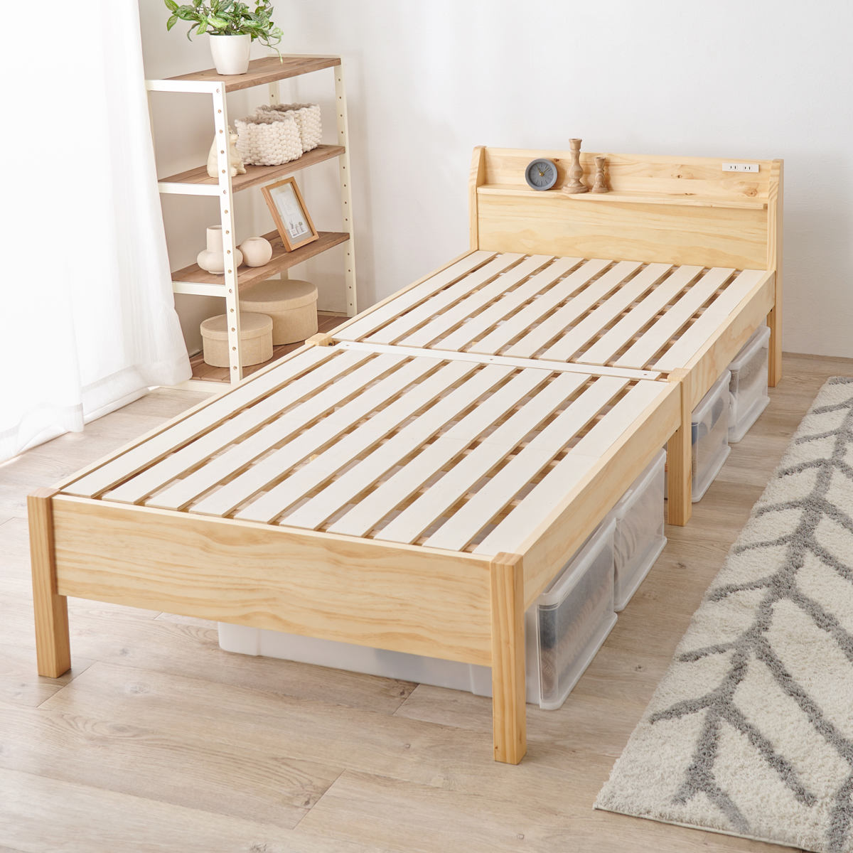 HAGiHARA（萩原） 3分で組み立て シングルロング ベッド 宮棚 2口