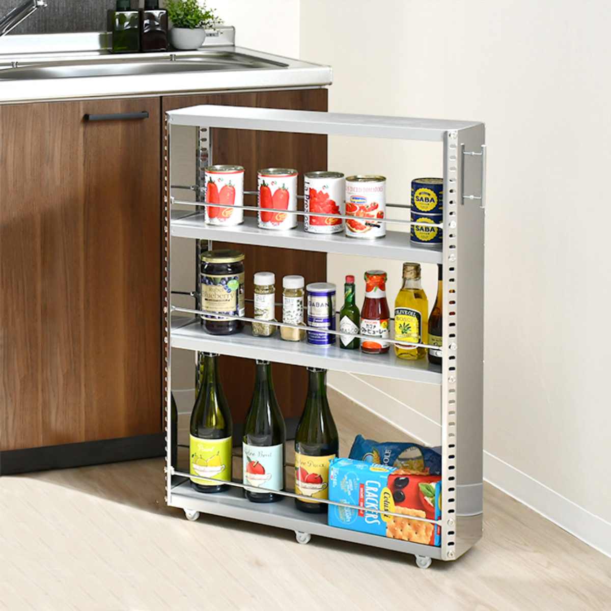 キッチンストッカー ステンレスすき間収納 幅15cm 高さ81cm ロータイプ
