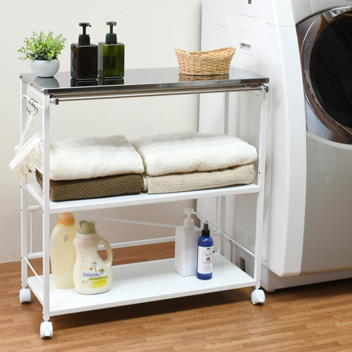 タオルが干せる薄型作業台 幅75 ステンレス （ ランドリーワゴン 作業