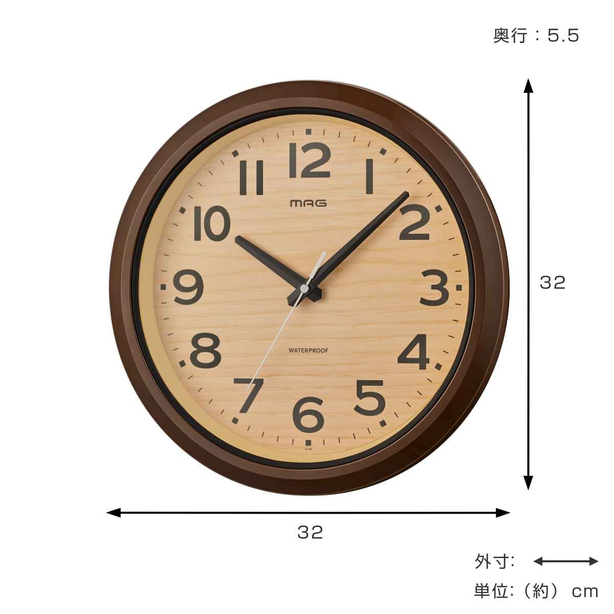 ノア精密 掛け時計 モク 防水 防塵 直径32cm （ 壁掛け時計 かけ時計