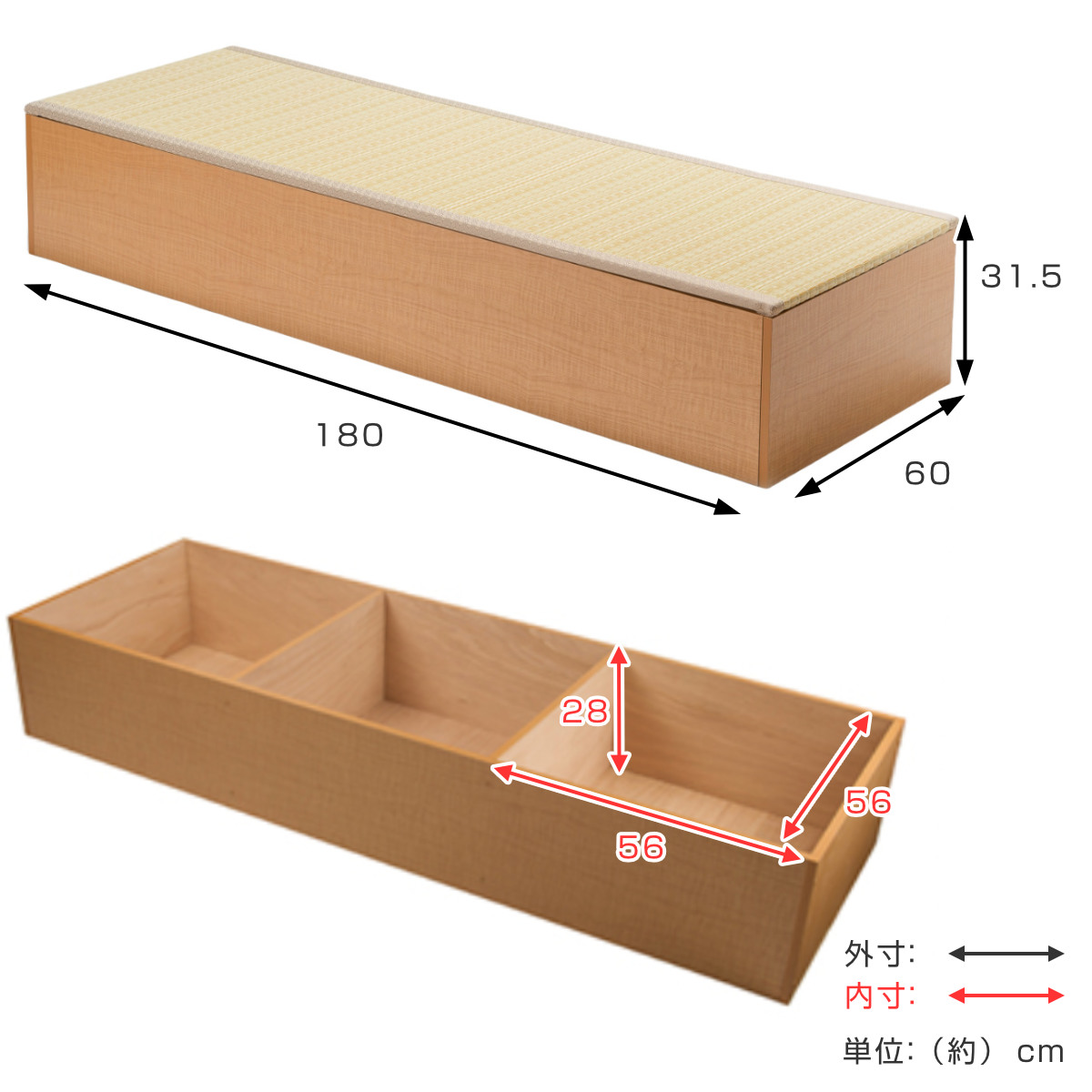 樹脂畳ユニット ロータイプ 幅180×奥行60×高さ31.5cm 収納付ベンチ