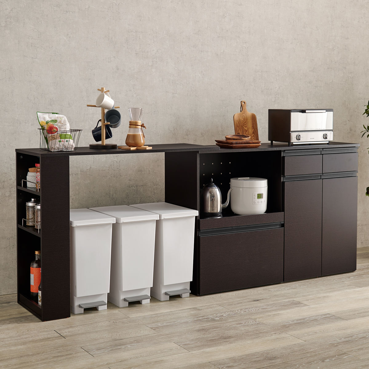 HAGiHARA（萩原） 伸縮式 キッチンカウンター 幅133-207cm 収納庫