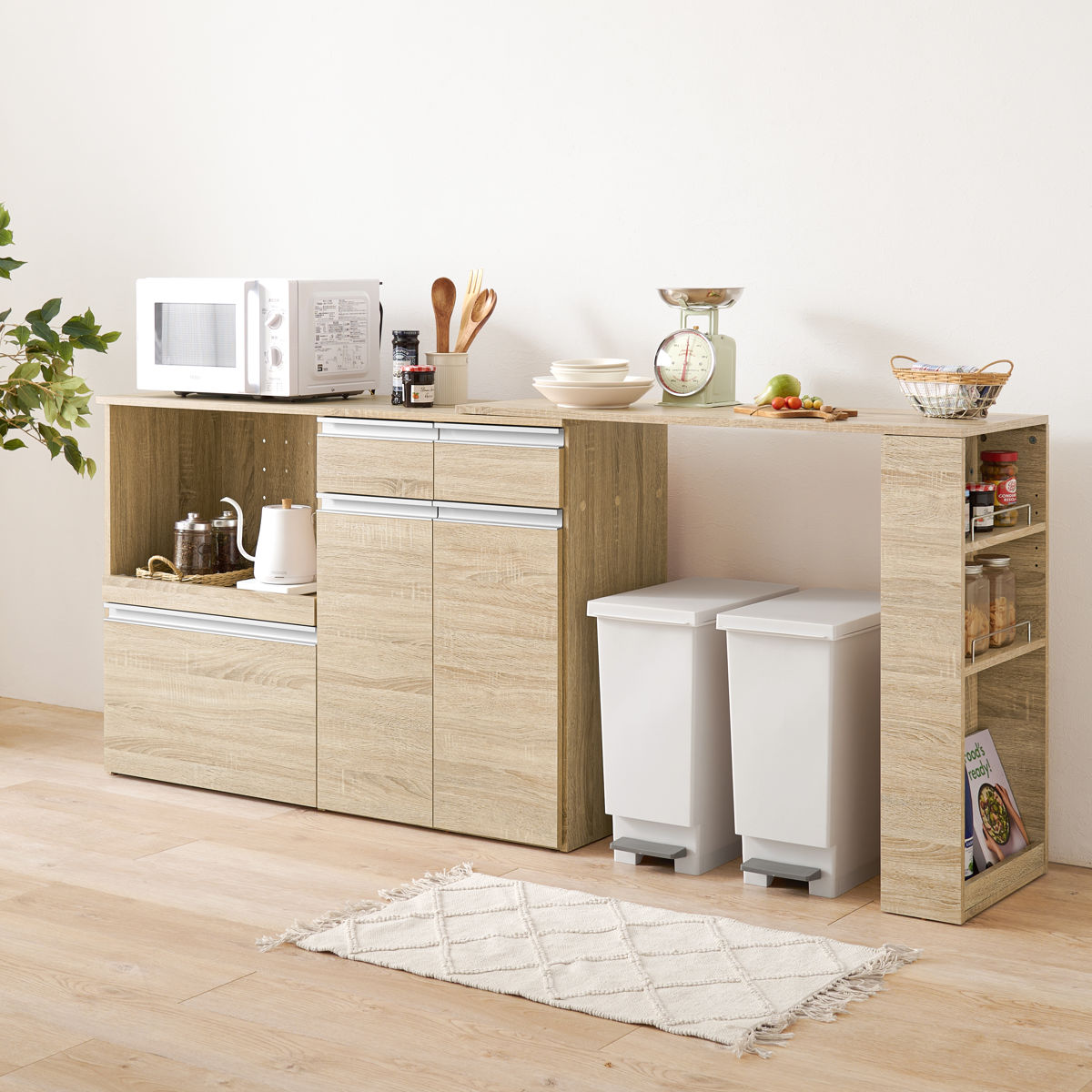 HAGiHARA（萩原） 伸縮式 キッチンカウンター 幅133-207cm 収納庫