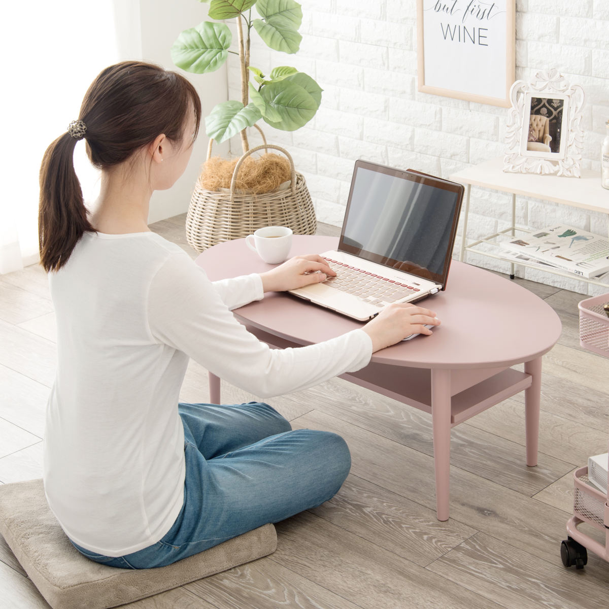 ローテーブル 折りたたみ オーバル型 くすみカラー 折れ脚テーブル