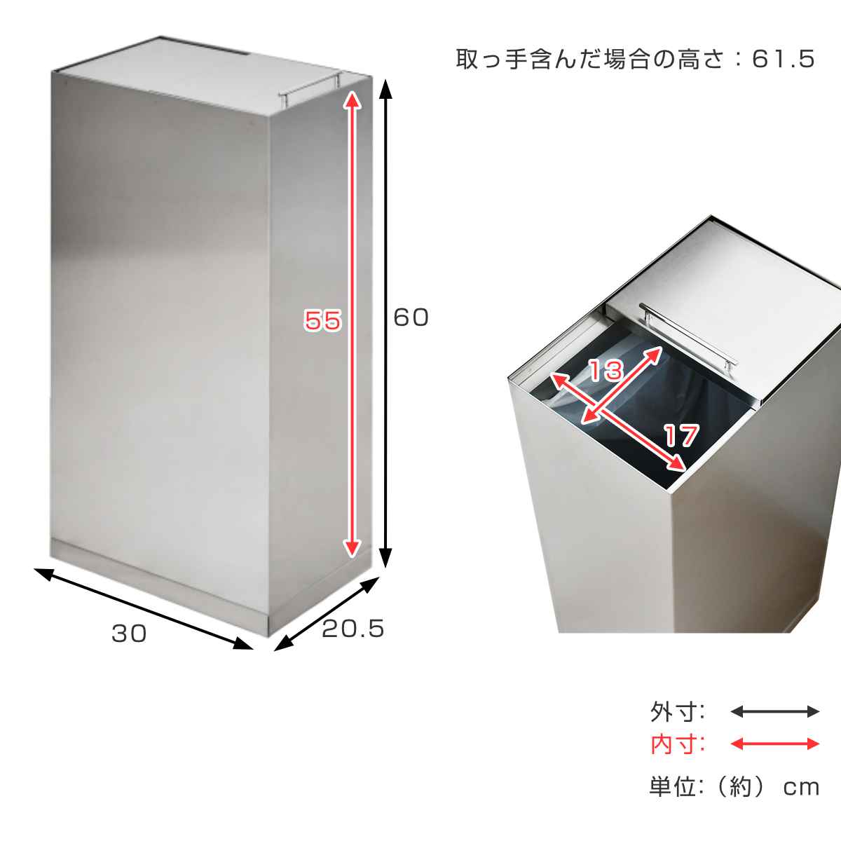 ゴミ箱 30L スライド ステンレス （ ごみ箱 30リットル スリム 幅20.5