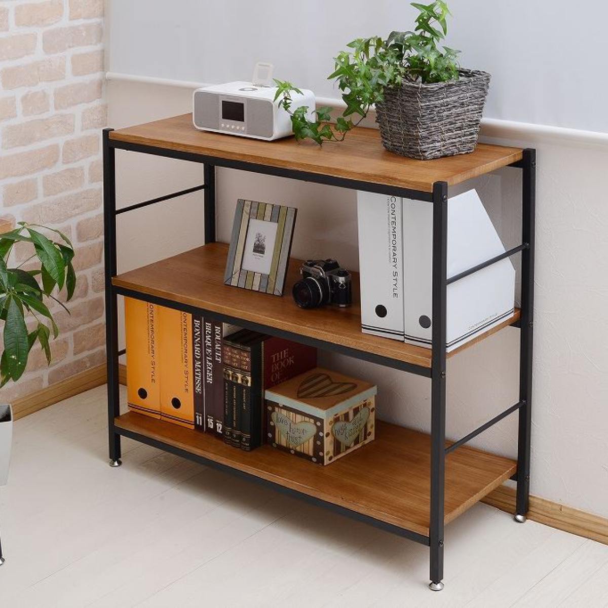 オープンラック 3段 天然木棚 スチールフレーム Paulo 幅90cm （ 本棚