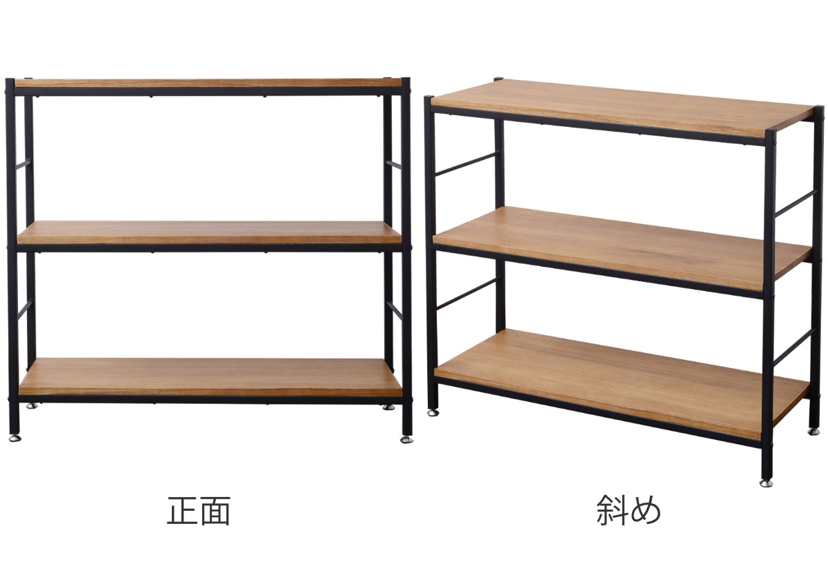 オープンラック 3段 天然木棚 スチールフレーム Paulo 幅90cm （ 本棚