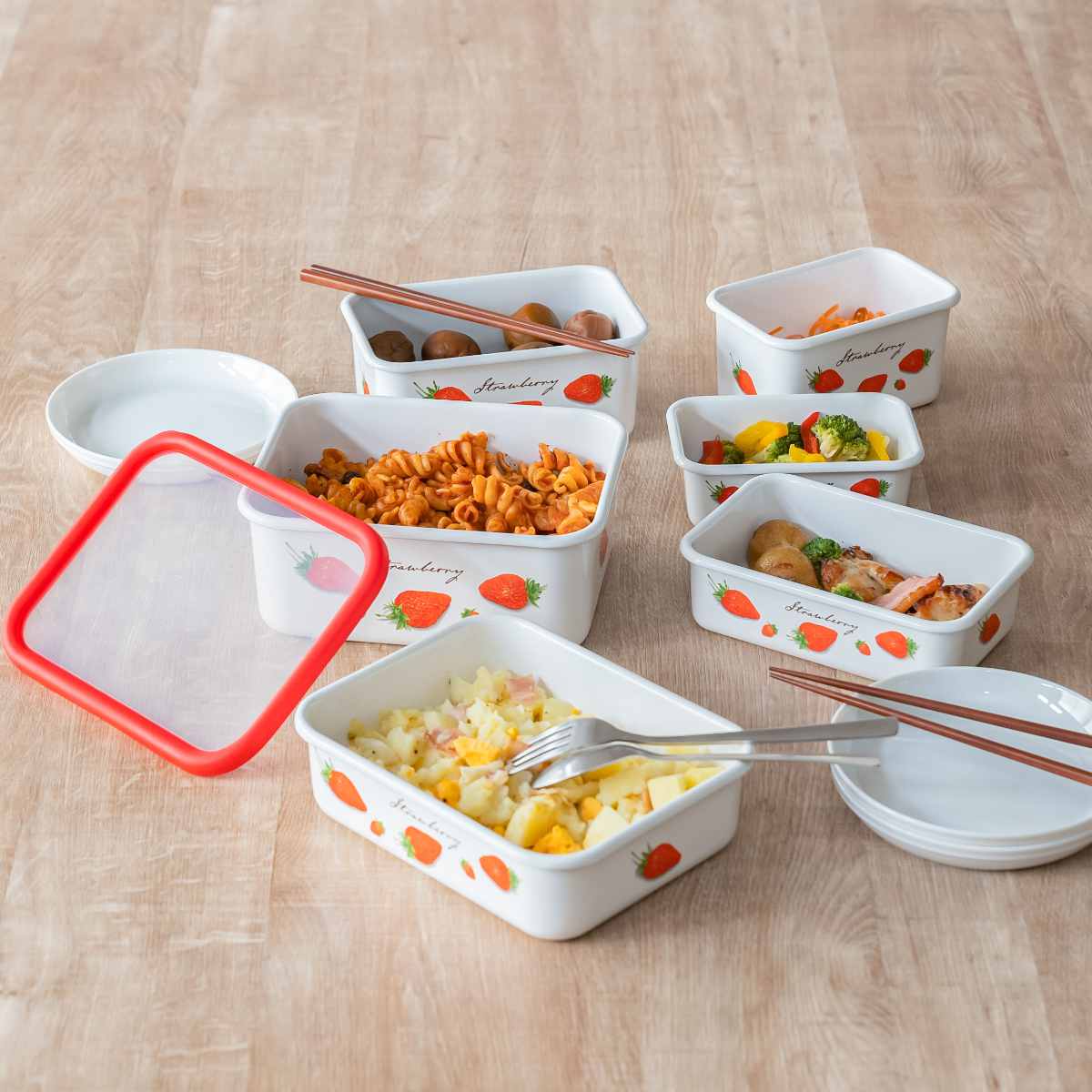 富士ホーロー 保存容器 1.5L ストロベリーシリーズ 角型ストックポット