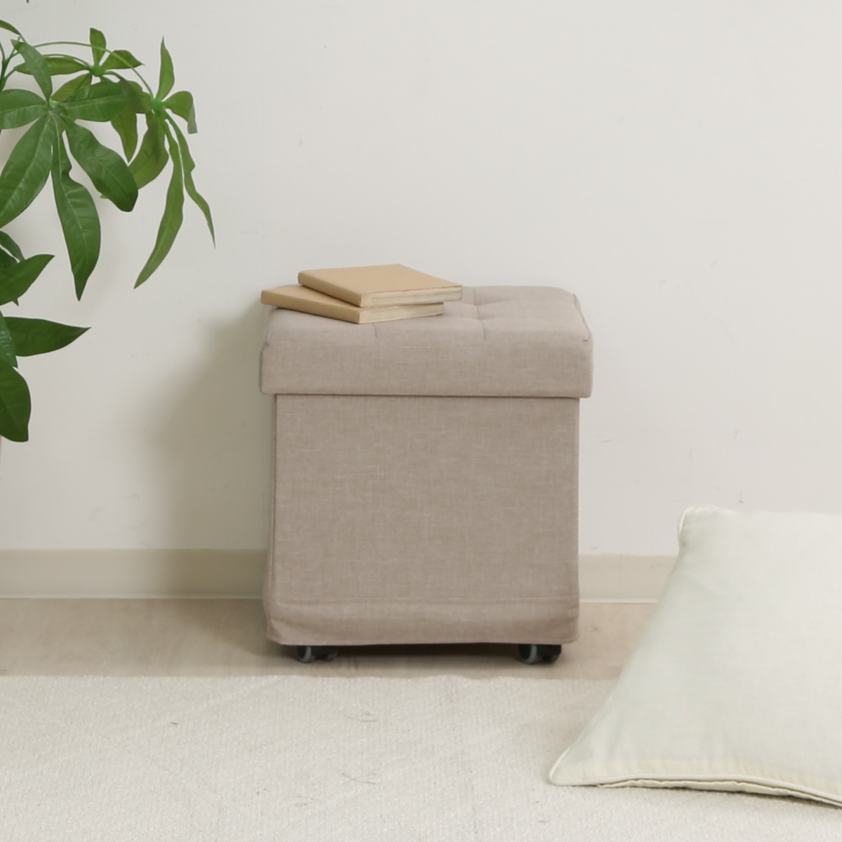 ベージュ 布製オットマン 正方形 キューブスツール 高さ41cm （ スツール 椅子 スクエア キューブ型