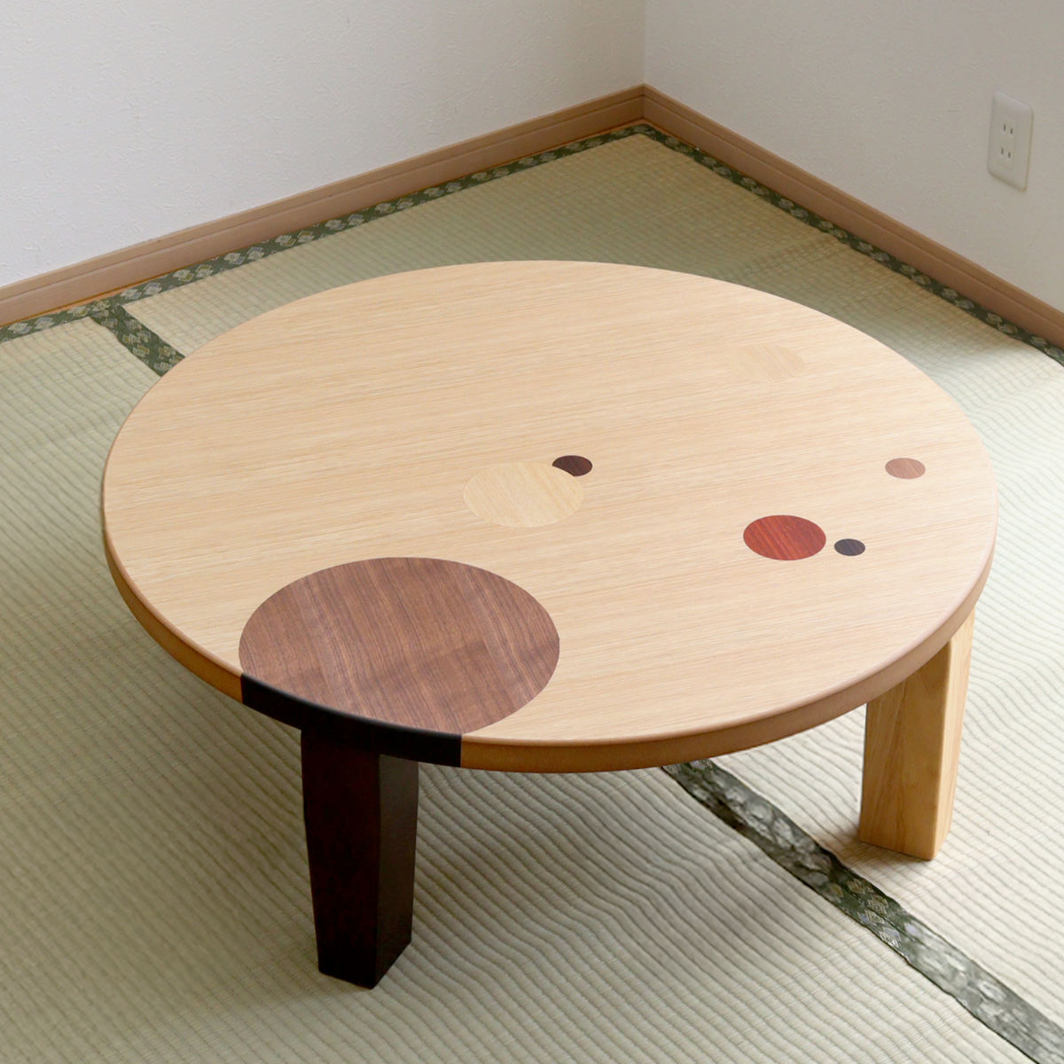 ローテーブル 折りたたみ 円型 直径90cm アース （ ナラ 象嵌入り 突板