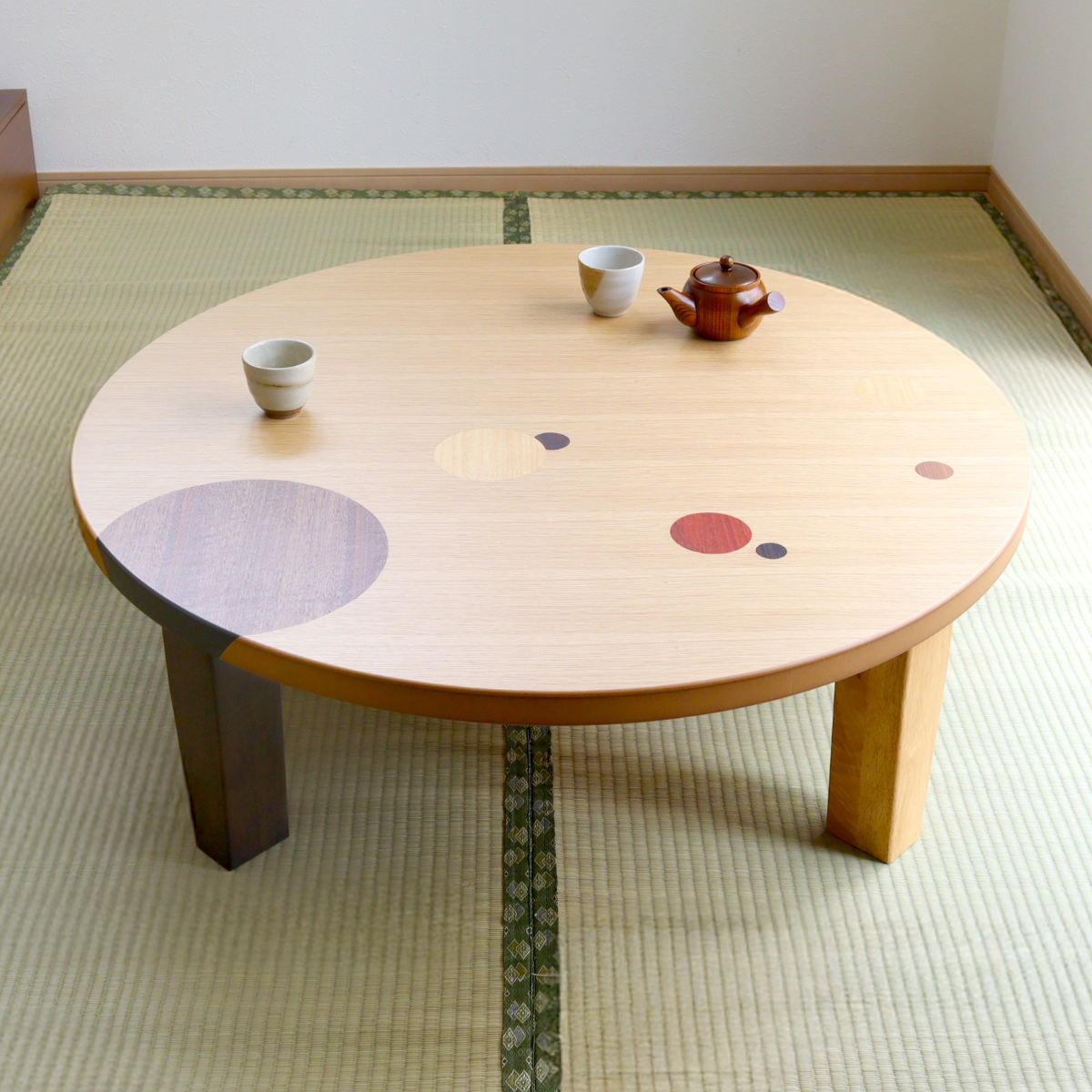 ローテーブル 折りたたみ 円型 直径105cm アース （ ナラ 象嵌入り