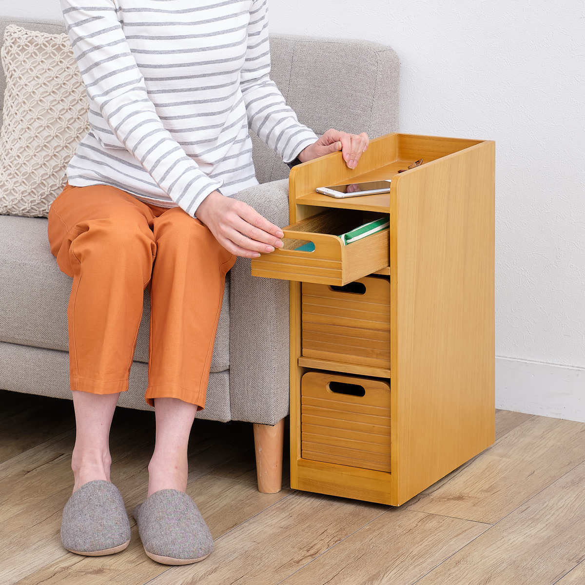 OSMAC トレイワゴン 幅20cm 3段 天然木 桐製 完成品 キャスター付