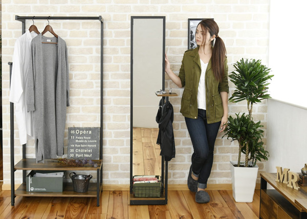 スタンドミラー 高さ160cm ELVIS ミラー 全身鏡 小物置き フック付 鏡