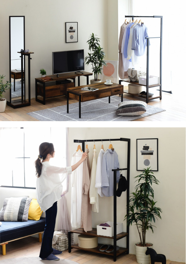 ハンガーラック 棚付 インダストリアル調 ELVIS 約幅76cm （ ラック