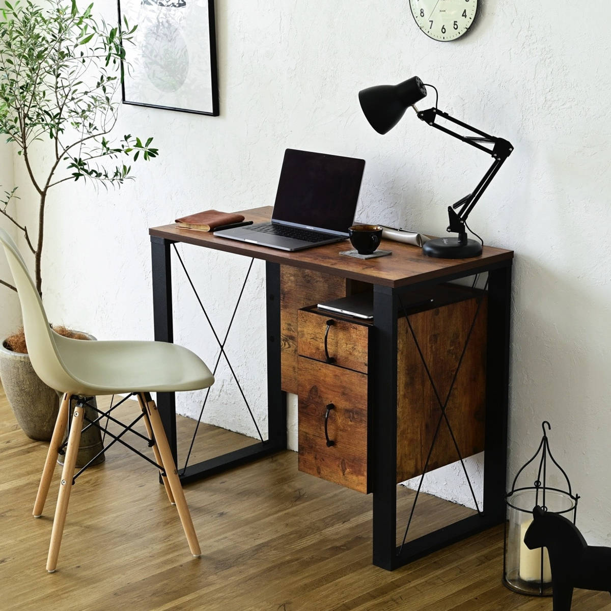 デスク 幅90cm 引出し付 レトロ調 ブルックリンスタイル （ 机 PC