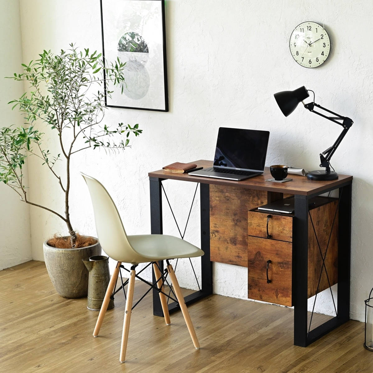 デスク 幅90cm 引出し付 レトロ調 ブルックリンスタイル （ 机 PC