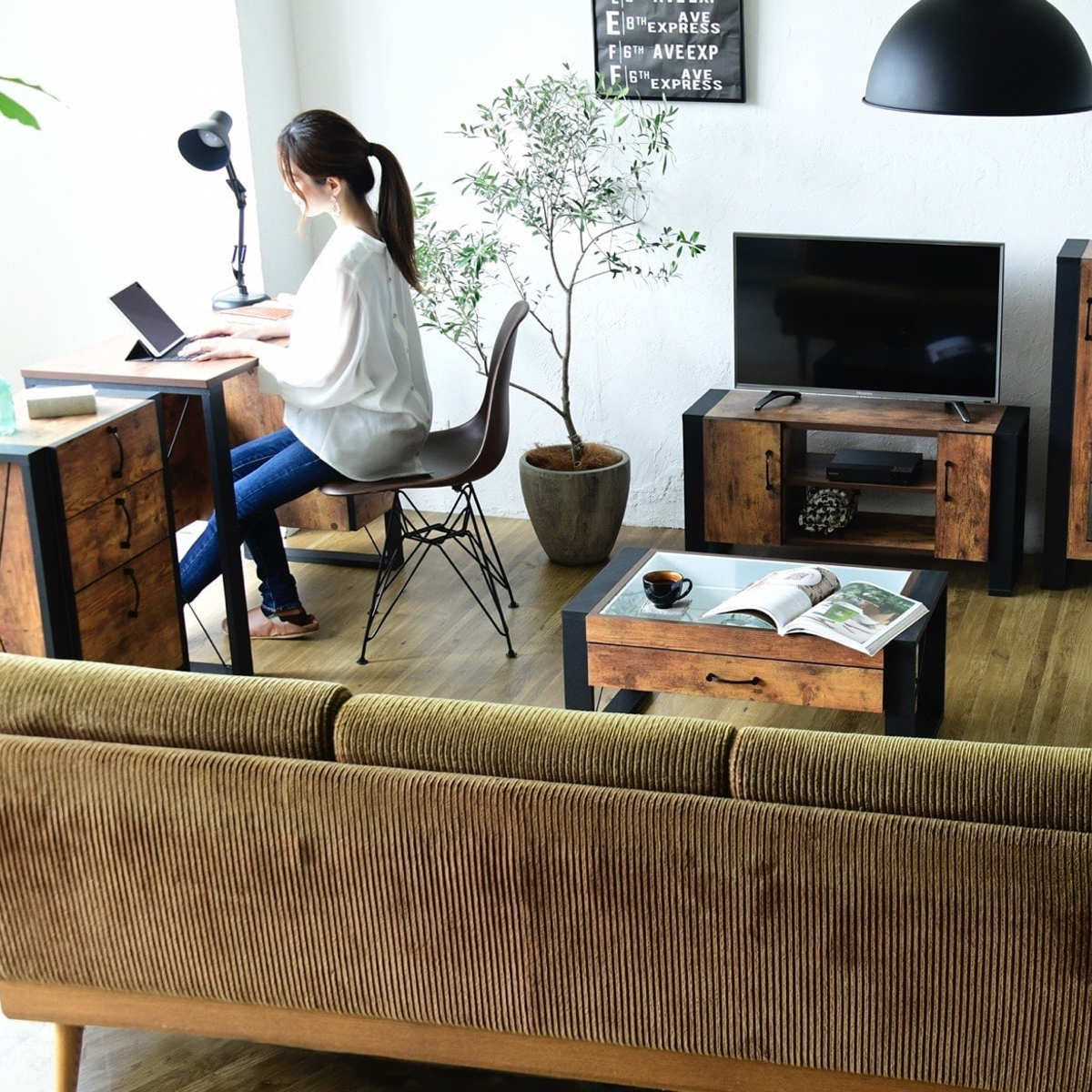 デスク 幅90cm 引出し付 レトロ調 ブルックリンスタイル （ 机 PC