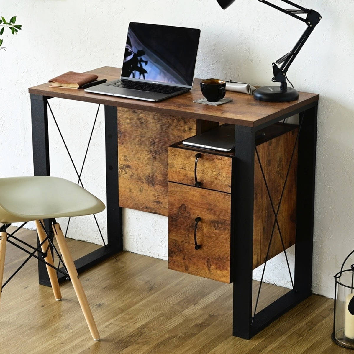 【送料無料・新品未使用】デスク　ブルックリンスタイル　人気　おすすめ　シック デスク 幅90cm 引出し付 レトロ調 ブルックリンスタイル （ 机 PC