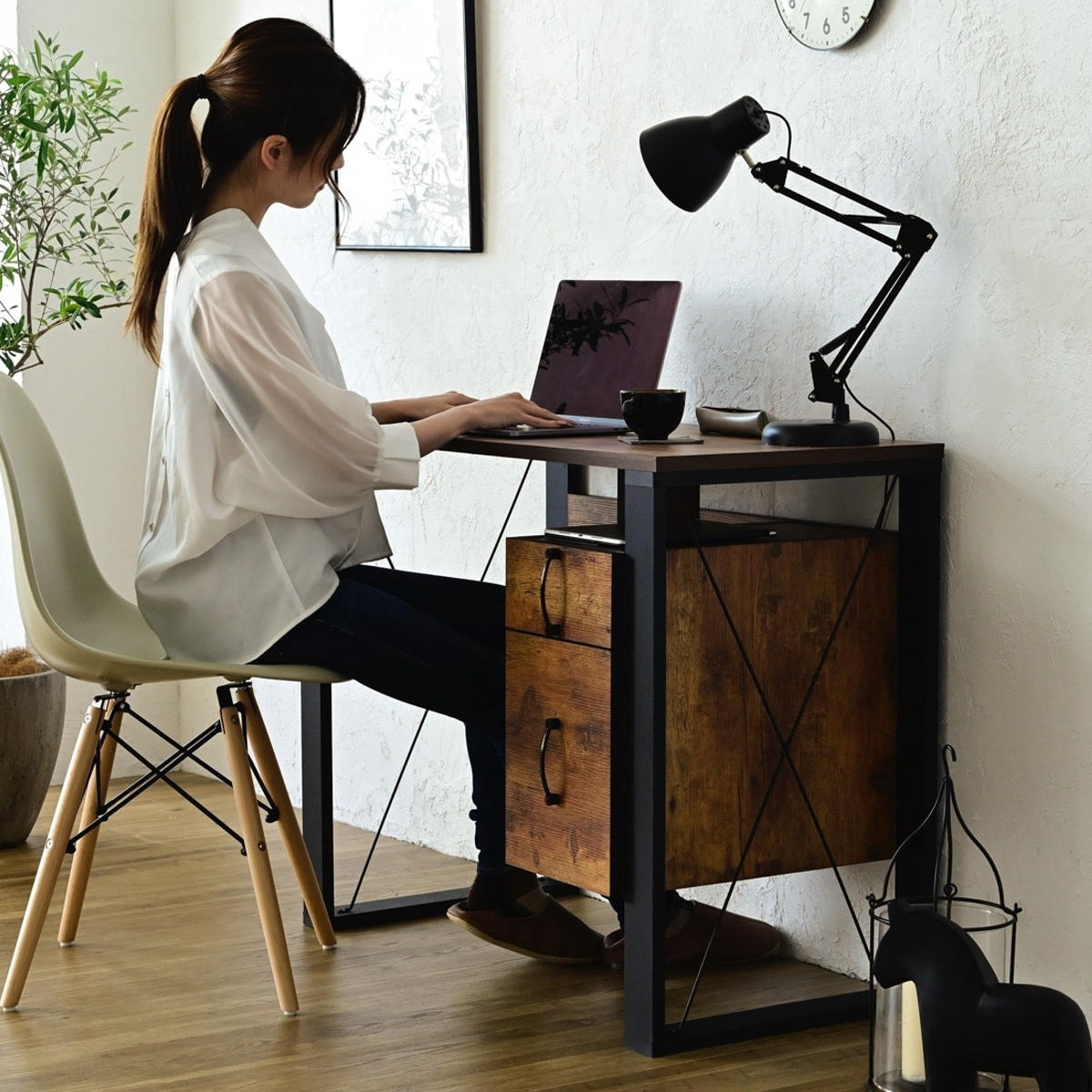 デスク 幅90cm 引出し付 レトロ調 ブルックリンスタイル （ 机 PC