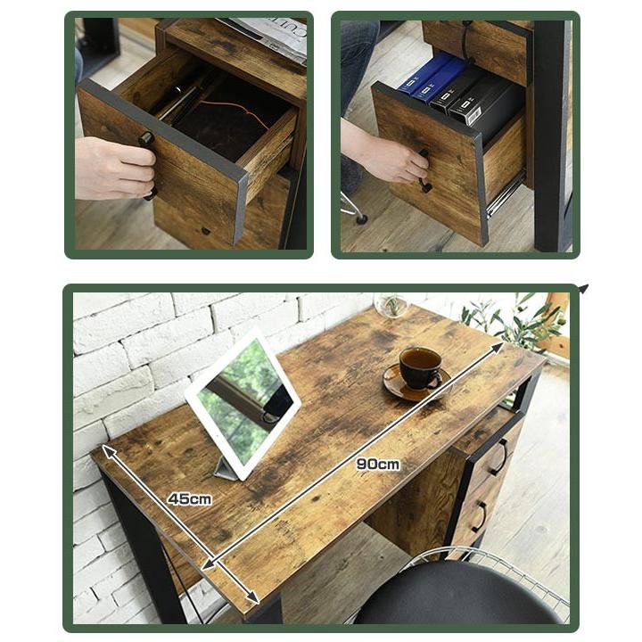 デスク 幅90cm 引出し付 レトロ調 ブルックリンスタイル （ 机 PC