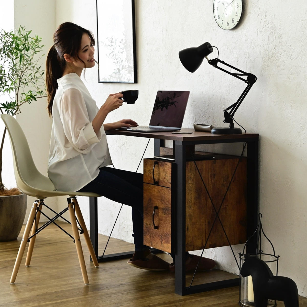 デスク 幅90cm 引出し付 レトロ調 ブルックリンスタイル （ 机 PC